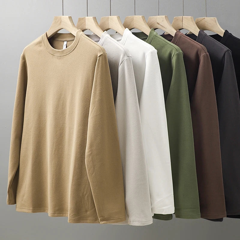 DUKEEN 350G Two-Sided Dralon Fabrics Long Sleeve T Shirts for Men Autumn and Winter Solid Color Warm Fleece Undershirts Men