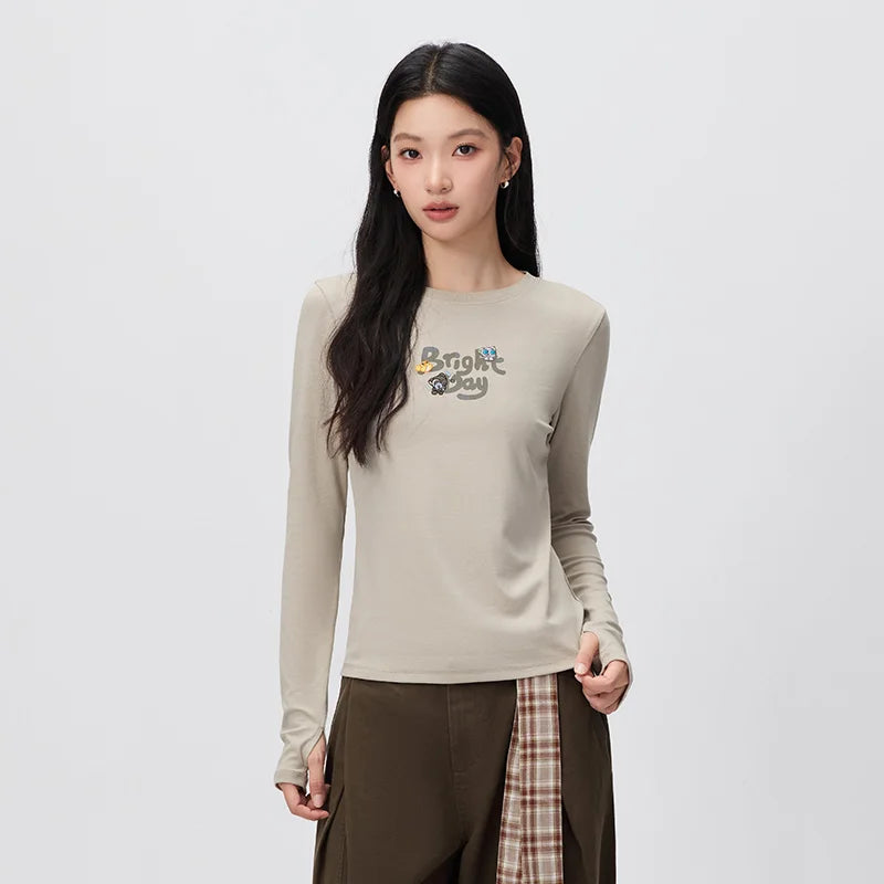 Semir Women Tshirt Letter Graphic Embroidered Detail Regular Shoulder Long Sleeve Slim Fit 2026 Autumn Everyday Wear