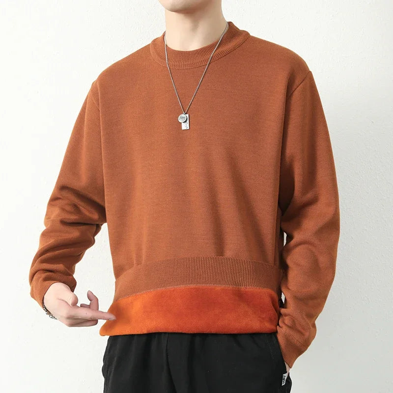 Men Loose Silhouette Half Turtleneck Knitwear Full Plush Lining Long Sleeve Thermal Sweater Casual Daily Base Outfit