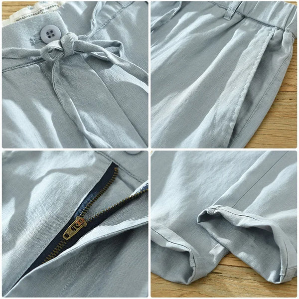 Spring Summer New Men Pure Linen Breathable Straight Pants Drawstring Fit Casual Ankle-length Trousers CMC1632