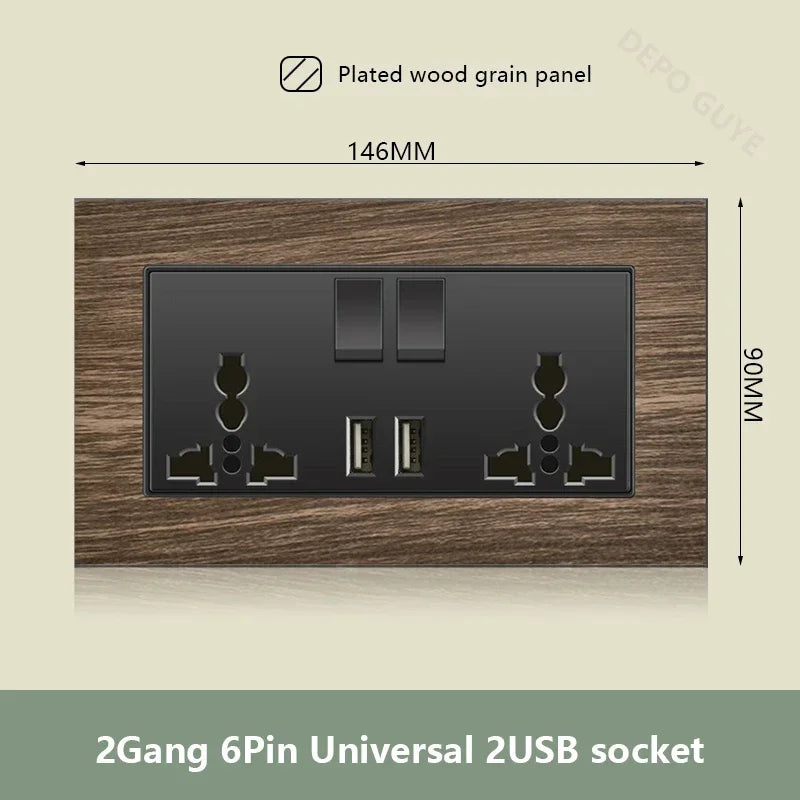 UK 18W Type-C Quick charge Dual Power Outlet,Universal Retro Wood Grain Electrical USB Socket,220V Electrical  Wall Light Switch