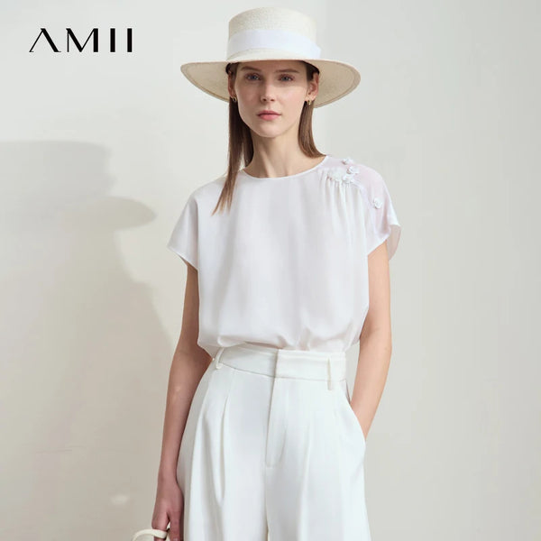Amii Women Minimalist Blouse 2026 Summer New Solid Color O-Neck Elegant Chiffon Tops Loose Short Sleeves Flower Blouse 12512026