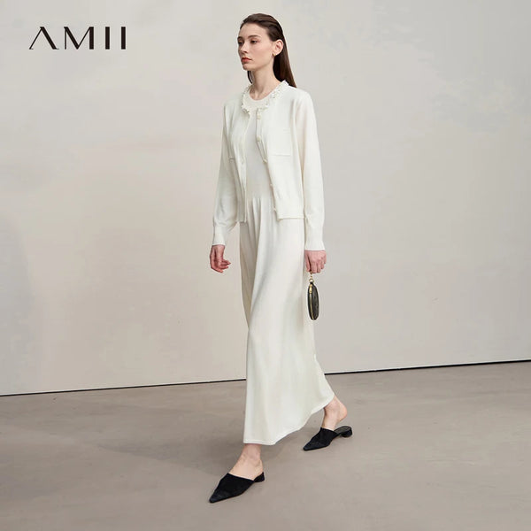 AMII Midi Dresses 2026 Autumn New Knitted Cardigan Sleeveless Long Dress Round Neck Solid Elegant Loose Ladies Clothing 12543209