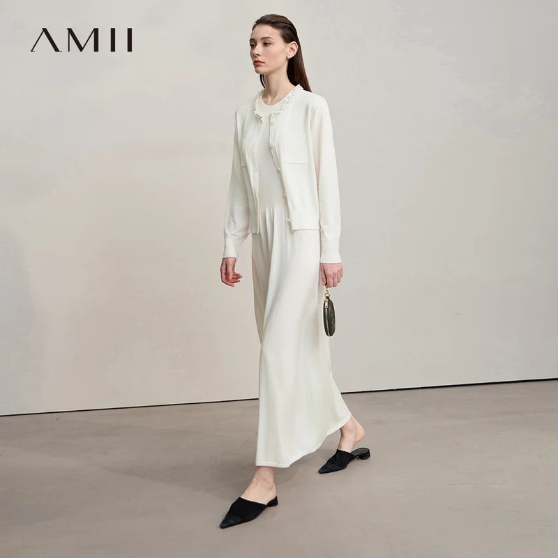 AMII Midi Dresses 2026 Autumn New Knitted Cardigan Sleeveless Long Dress Round Neck Solid Elegant Loose Ladies Clothing 12543209