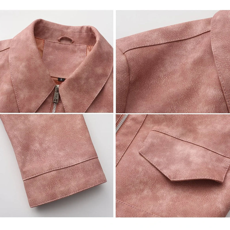 Women's Pink Short Jacket, Single Breasted Lapel PU Coat, Fashion Casual Faux Leather Jackets, Black, Beige, Brown, Coffee Tops.