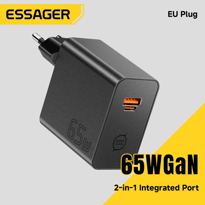 ឆ្នាំងសាក ESSAGER 65W GaN 2 ក្នុង 1 USB Type C ឆ្នាំងសាកដែលឆបគ្នាយ៉ាងពេញលេញ សាកថ្មលឿនសម្រាប់ iPhone 17 Samsung S26 MacBook Huawei កុំព្យូទ័រយួរដៃ