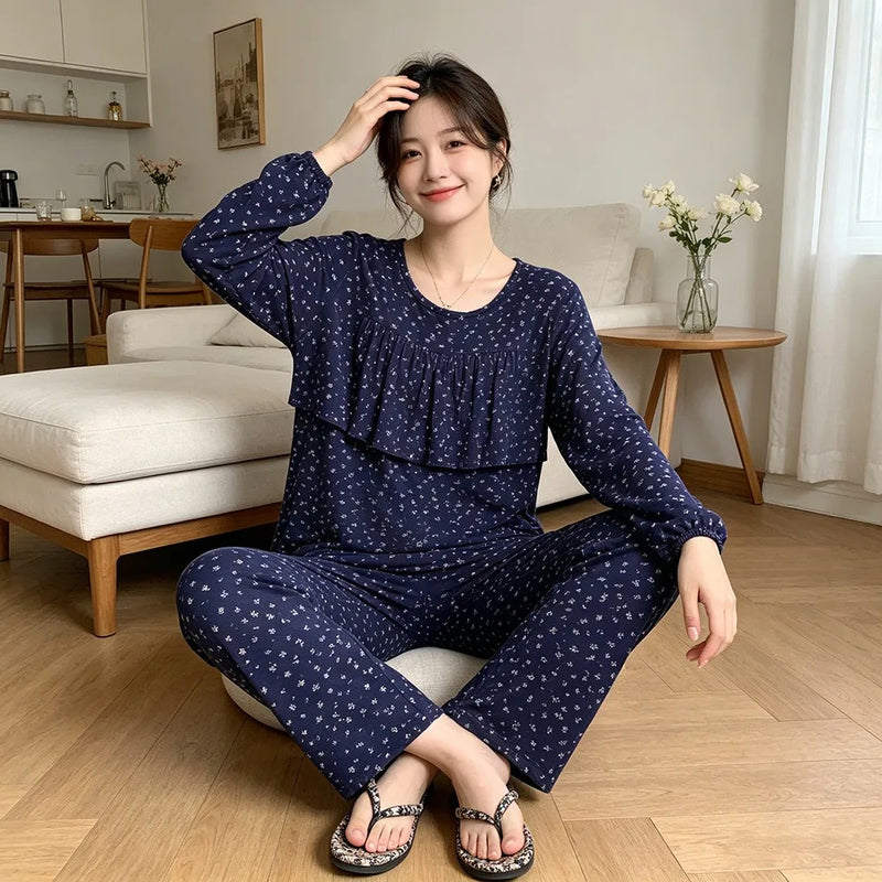 Floral Women's Sleepwear Sets Woman 2 Piece Home Wear Spring Autumn Long Sleeve Pyjama Femme Loungewear Ladies Homewear Pijama