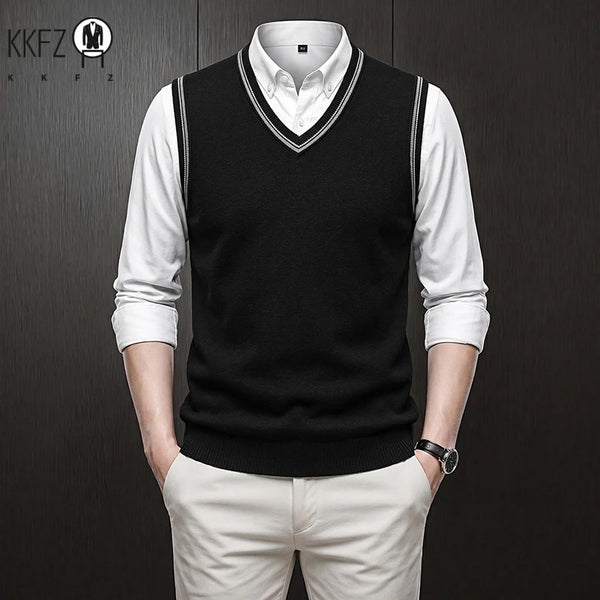 Mens Sleeveless V Neck Knit Sweater Vest Contrast Rib Edge Soft Elastic Knitwear Formal Office Layering Tank Top Fall