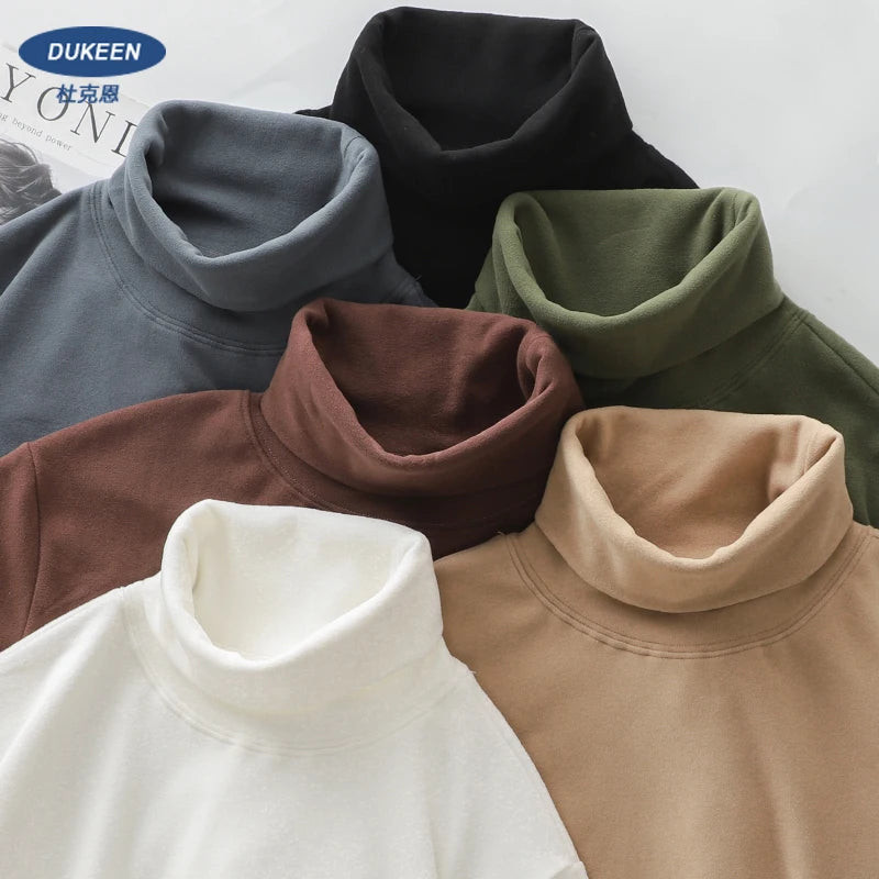 DUKEEN Dralon Fabric Long Sleeve T Shirts for Men 2025 Autumn and Winter Thick Fleece Warm Turtlenneck Solid Color Undershirts
