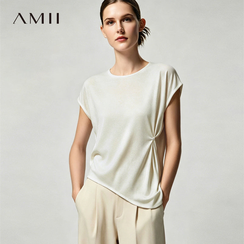 Amii Women's T-Shirt 2026 Summer New Acetate O-Neck Asymmetric Split Hem Flowy Top Loose Fit Office Casual Tee Women 12622220
