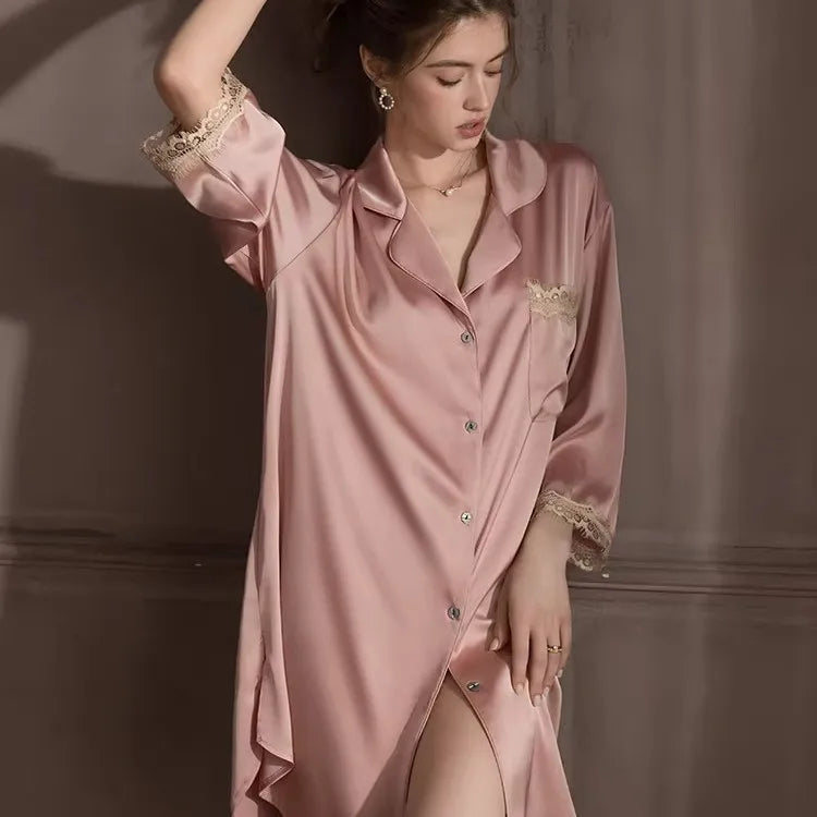 Ice Silk Women's Nightgown Summer Pajamas Dress New Lapel Night Wears for Females Sleeping Clothes Woman One Piece Homewear