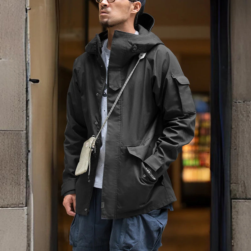 Maden Outdoor Sports Hooded Jacket for Men Black Windbreaker Motorcycle Style Mid-length with Multi-pockets Coat for Autumn