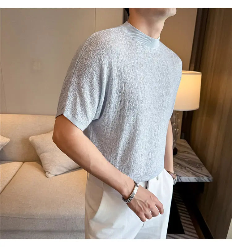 Men's Summer Short Sleeve T-Shirt Knitted Crew Neck Loose Fit Drop Shoulder Ice Silk Cooling Base Layer Top