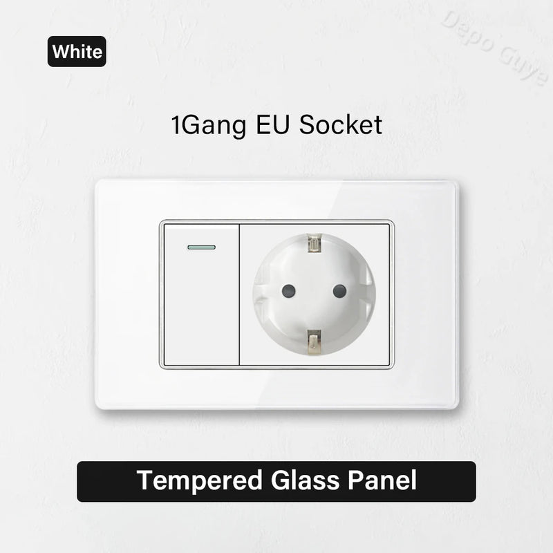 White Tempered Glass Panel Wall Light Switch Rocker Button EU Sockets Fast Charging CAT6 TV Power Outlet 118*75mm 16A AC110-250V