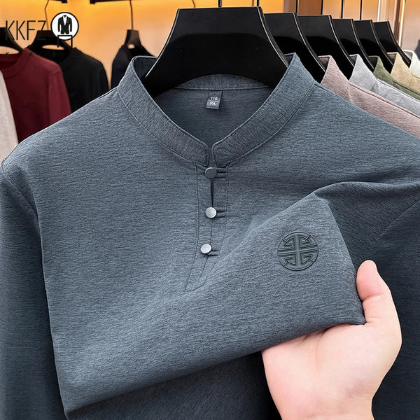 Men Long Sleeve Button Placket Tee Stand Collar Chest Embossed Detail Loose Fit Daily Office Leisure Wear Top