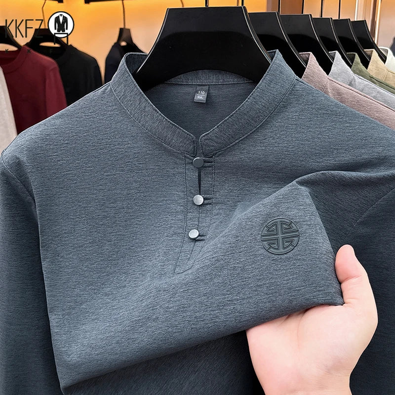 Men Long Sleeve Button Placket Tee Stand Collar Chest Embossed Detail Loose Fit Daily Office Leisure Wear Top