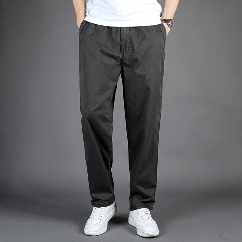 Men's Straight Cargo Trousers, Casual Pants, Monochromatic, Plus Size, M-6XL, Elastic Waist, 100% Cotton, Ninth Pants, 2024 New