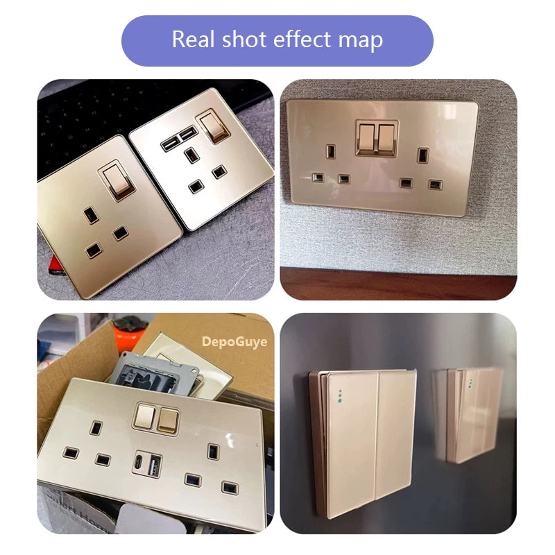 Gold UK 13A Tempered Glass USB Socket Plug,18W Type-C Fast charging Universal 3pin Dual Power Outlet,Wall 2way Light Switch