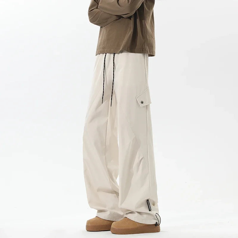 Mens Lightweight Wide Leg Cargo Trousers Drawstring Elastic Waist Multi Pockets For Hiking Travel Urban Casual Outfits