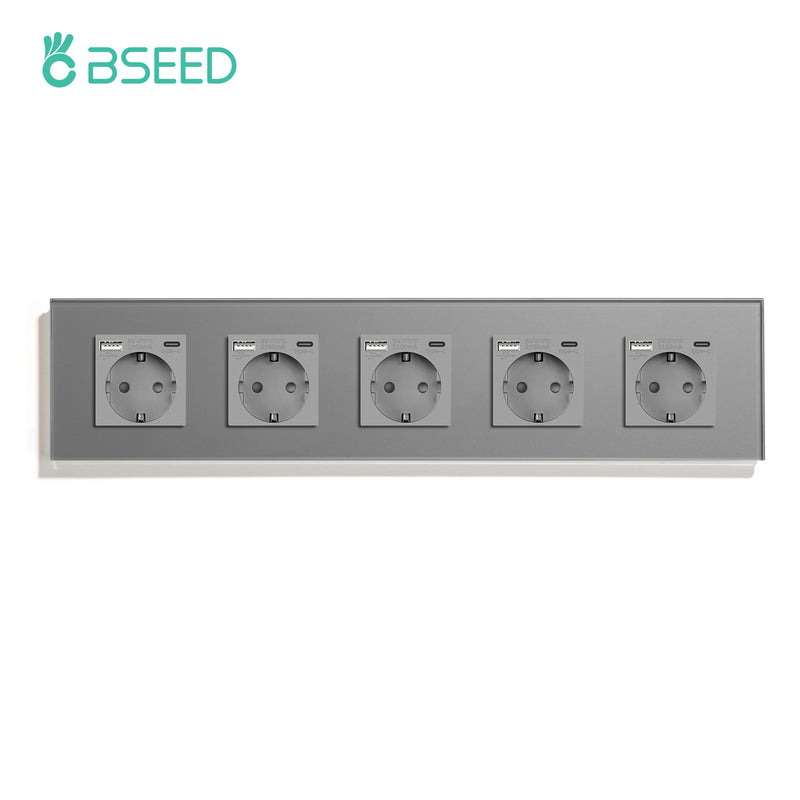 BSEED EU Wall Sockets Five Power Outlets USB Type-C Charge Port Glass Frame Sockets Wall Sockets Kids Protection 16A