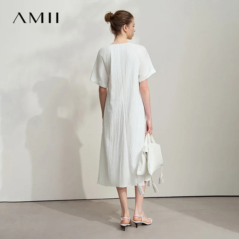 AMII Minimalist Women's Dress Raglan Sleeve 2026 Summer Short Sleeve Solid Swing Collar Hollow Out Loose Female Dress 12551030