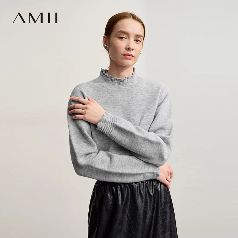 Amii Pullovers Sweater For Woman 2026 Winter New Commuter Elegance Semi-turtleneck Knitwear Loose Versatile Knitted Top 12524103