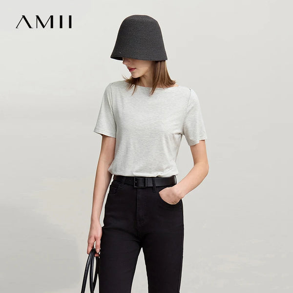 Amii Women's Summer Short Sleeve T-shirt 2026 New Off Shoulder Stretch Casual Tee Minimalist Versatile Ladies Clothing 12622002