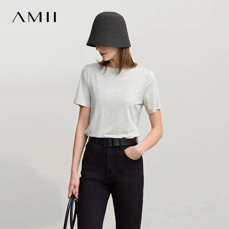 Amii Women's Summer Short Sleeve T-shirt 2026 New Off Shoulder Stretch Casual Tee Minimalist Versatile Ladies Clothing 12622002