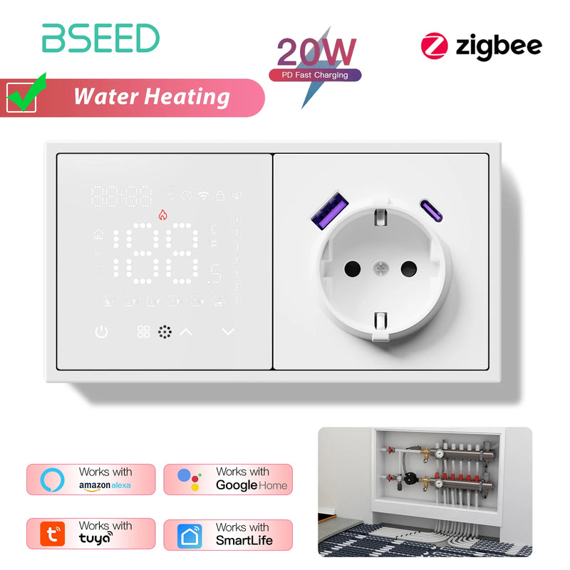 BSEED Zigbee Thermostat Smart Electric Floor Heating Water Boiler With Socket Alexa Google Temperature Controller Plastic Frame
