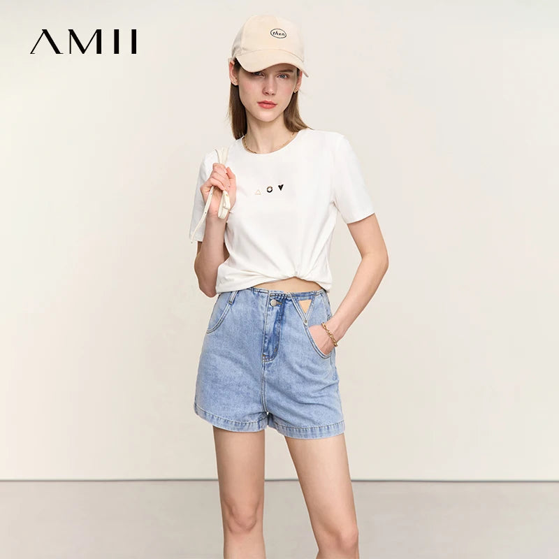 អាវយឺត Amii Minimalist សម្រាប់នារី កអាវខ្លី ដៃខ្លី ការតុបតែងធរណីមាត្រ កប្បាសប្រឆាំងបាក់តេរី អាវយឺតយឺត 12521088