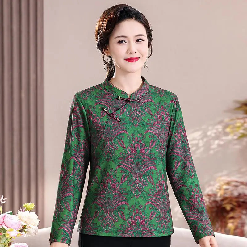 អាវយឺតដៃវែងស្ទីលអាស៊ីសម្រាប់ស្ត្រីរដូវស្លឹកឈើជ្រុះថ្មី អាវកអាវ cheongsam ផ្កាធម្មតា
