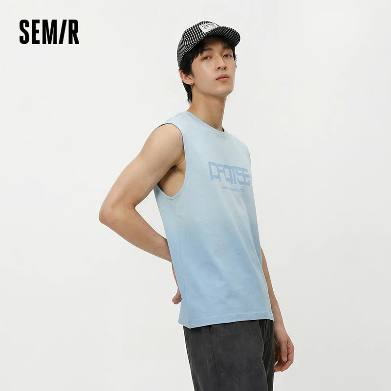 Semir Mens Vest 2026 Sleeveless Pure Cotton Letter Printed Gradient Knitted Tops Crew Neck Wide Shoulder Casual Soft Daily Wear