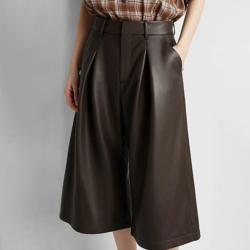 Amii Women's Faux Leather Trousers Vintage Wide Leg Loose Fit Casual Commuter Winter Cropped Capri Pants Woman Bottoms 12624004
