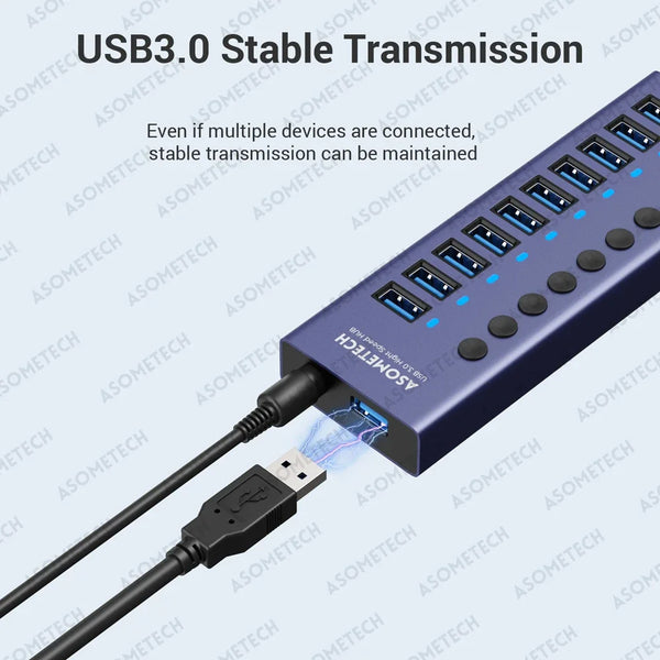 រន្ធ USB 3.0 ចំនួន 4/7/10 រន្ធ ឧបករណ៍បំបែកថាមពលច្រើនប្រភេទ ឧបករណ៍បំលែងថាមពល 12V ជាមួយកុងតាក់បើក/បិទ ឧបករណ៍បំបែក USB មជ្ឈមណ្ឌលល្បឿនលឿនសម្រាប់កុំព្យូទ័រយួរដៃ MacBook