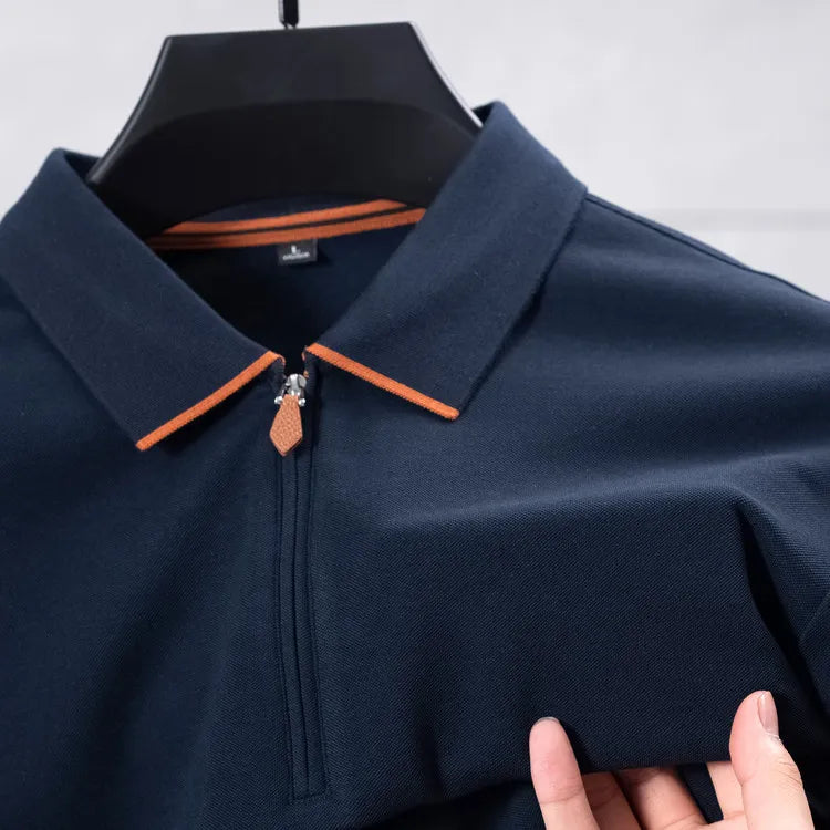 Cotton Blend Zip-Up Polo Shirt - Navy Blue with Orange Trim  Moisture-Wicking Athletic Style Business Casual Long-sleeved Shirt