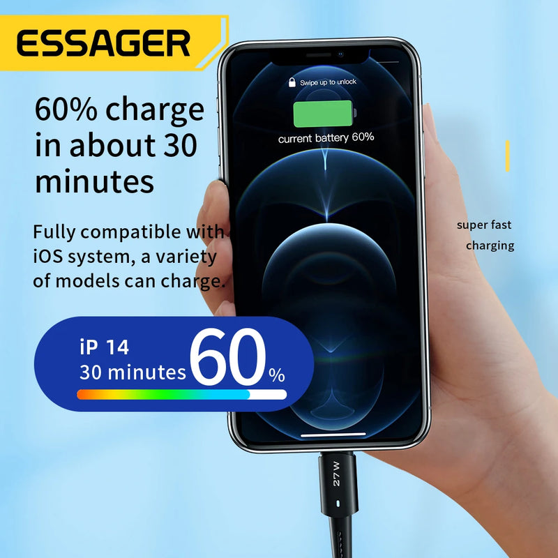 ខ្សែសាក Essager 27W USB C សម្រាប់ iPhone 14 13 12 11 Pro Max XS 20W ខ្សែសាកលឿន Type C ទៅខ្សែភ្លើងកាលបរិច្ឆេទសម្រាប់ iPad Macbook