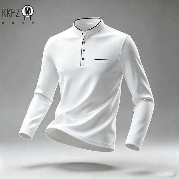 Men Stand Collar Long Sleeve Polo Shirt Slim Fit Half Button Design Chest Pocket Soft Fabric Business Daily Tops