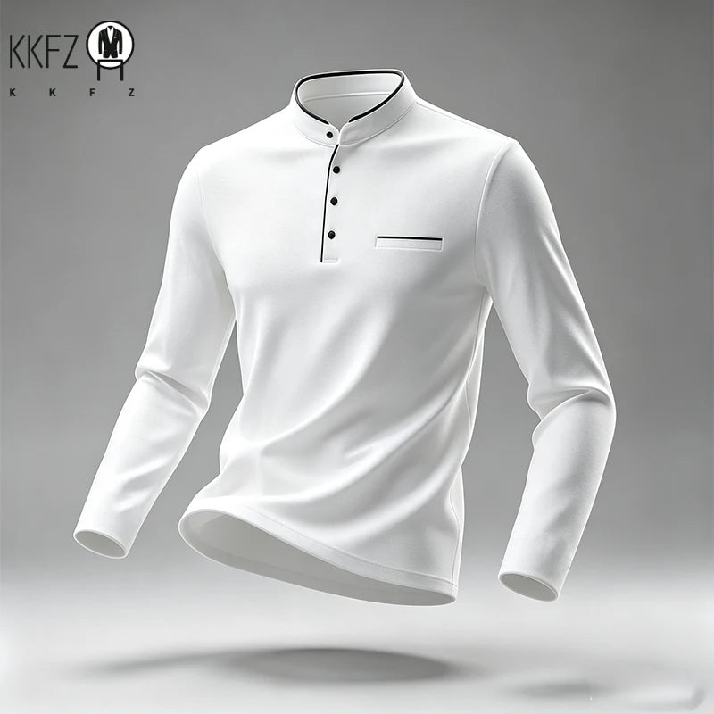 Men Stand Collar Long Sleeve Polo Shirt Slim Fit Half Button Design Chest Pocket Soft Fabric Business Daily Tops