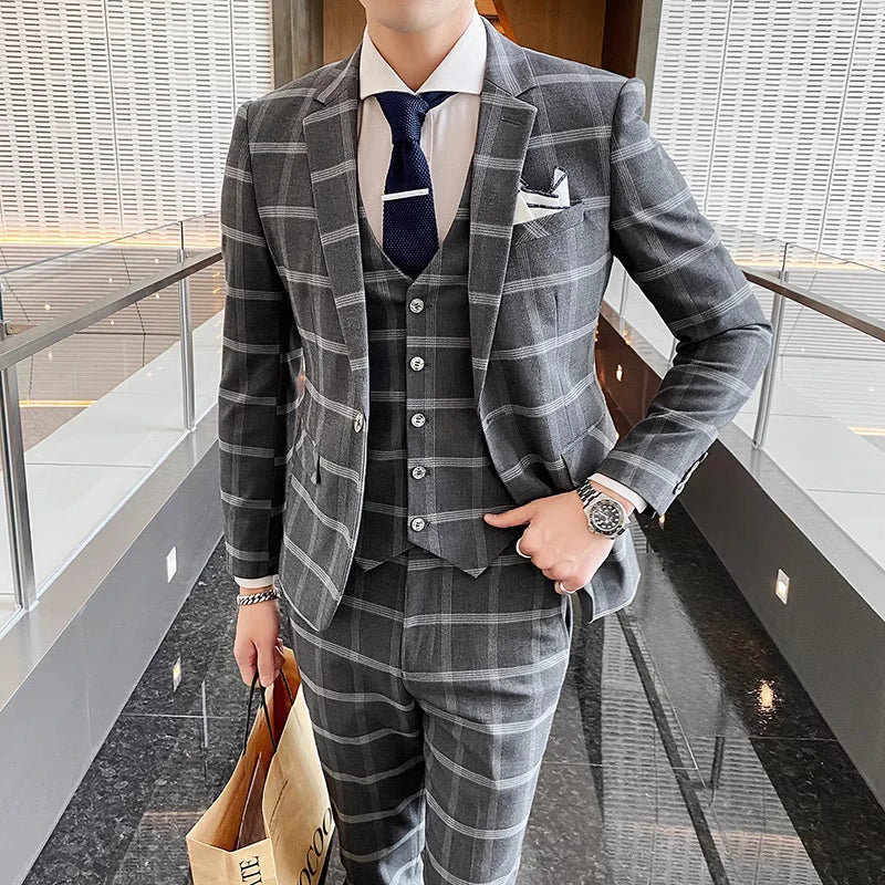 2026 Men Black Classic Striped/Checked Suits, Men's Business Office 3-Piece, Asian Size Slim Fit Sets, Blue/Gray Available
