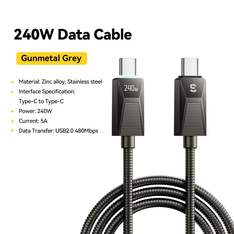 ខ្សែសាក Essager 240W Super Fast Charge Type-C ខ្សែសាកដែកអ៊ីណុក 100W សាកលឿន 5A សម្រាប់ Macbook iPad iPhone 16 15 Pro Ma