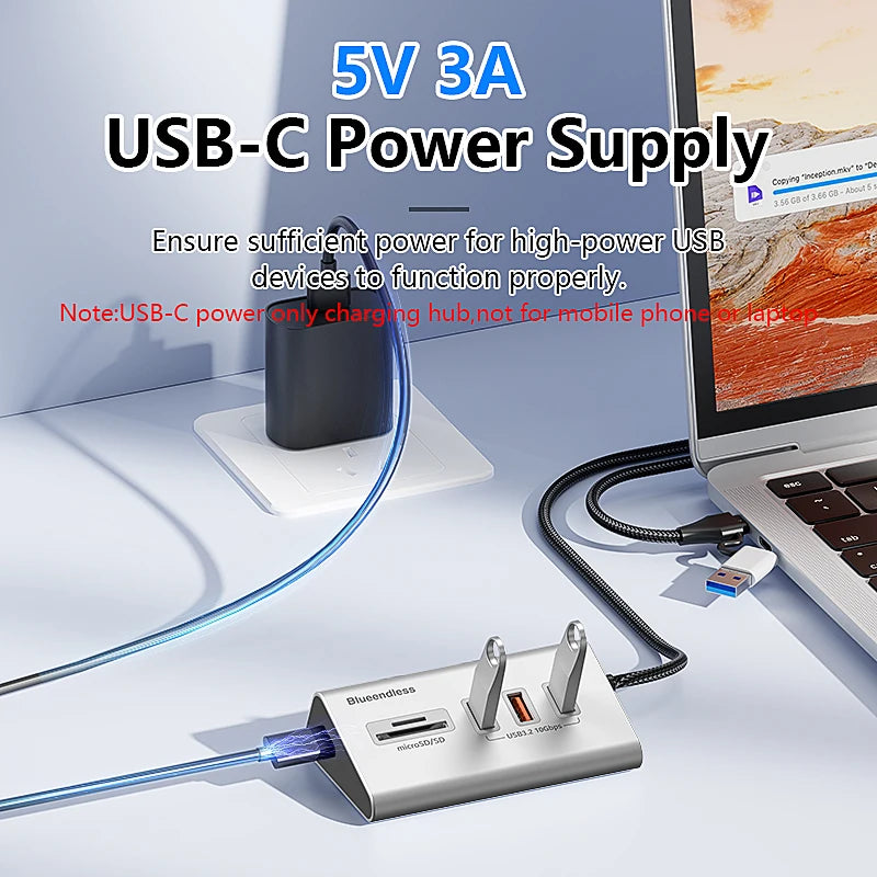 មជ្ឈមណ្ឌល USB អាលុយមីញ៉ូម Blueendless USB3.2 Gen2 10Gbps 5 ច្រក ជាមួយឧបករណ៍អានកាត TF SD USB-A/USB C Hub 4 ក្នុង 1 សម្រាប់កុំព្យូទ័រ កុំព្យូទ័រយួរដៃ MacBoo