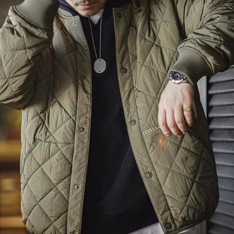 Maden Casual Quilted Baseball Jacket Thick Warm Padded Coat Green Vintage Outerwear for Men's Winter Versatile Coat with Pockets