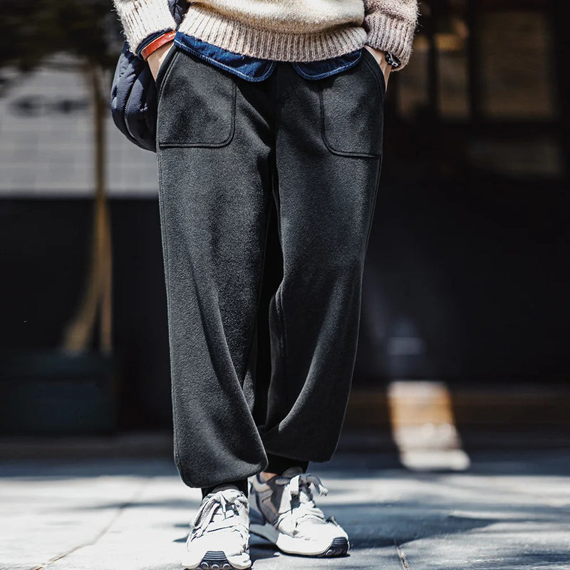 Maden Retro Fleece Sweatpants Solid  Sporty Casual with Elastic Waist Tapered Pants for Men's Autumn and Winter Warm Trousers