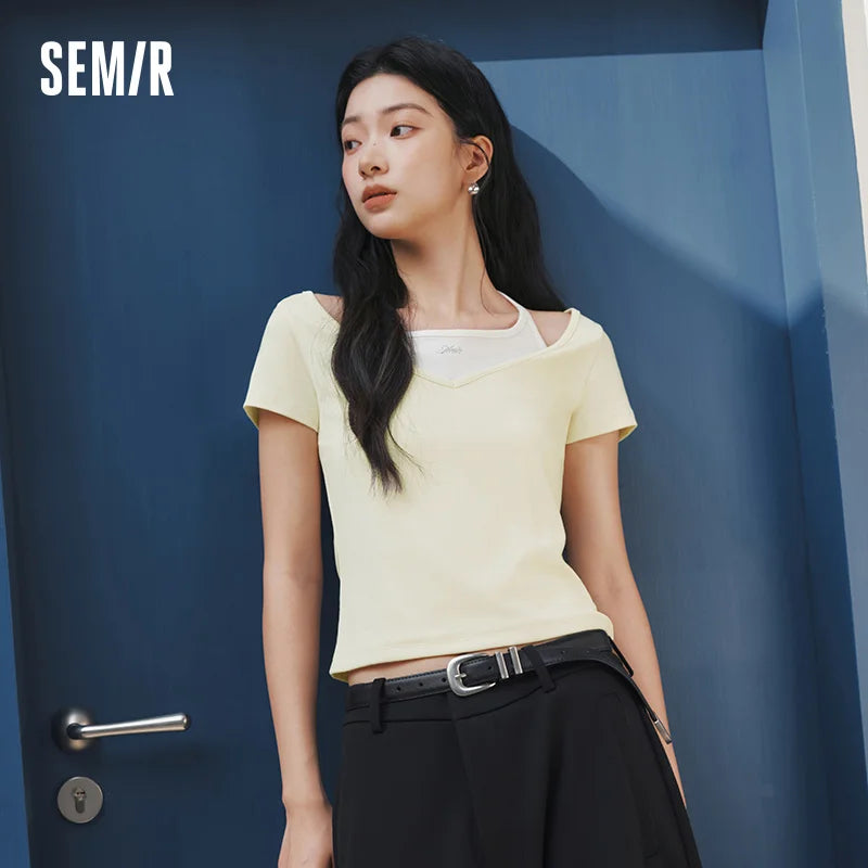 Semir Womens Tshirt 2026 Short Halter V Neck Fake Two Piece Bow Slim Rhinestone Casual Fashion