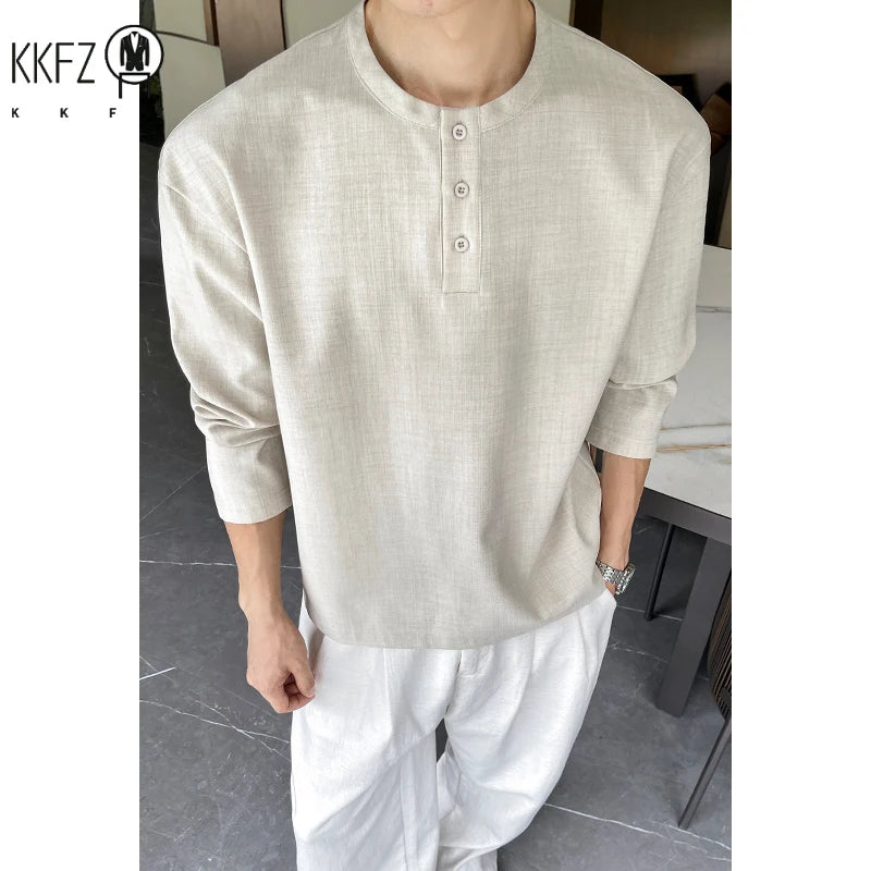 Autumn Leisure Long Sleeve Tee Men Henley Neck Three Button Front Loose Fit Textured Daily Basic Shirt