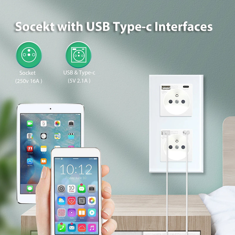 BSEED French Standard Single Wall Power Sockets Double France USB Type-C Port Outlet Crystal Glass Panel Children Protection 16A