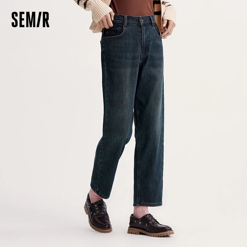 Semir Women Jeans Fleece Lined Elastic Waist Tapered Loose Fit Hip Covering 2026 Streetwear Vintage Denim Pants