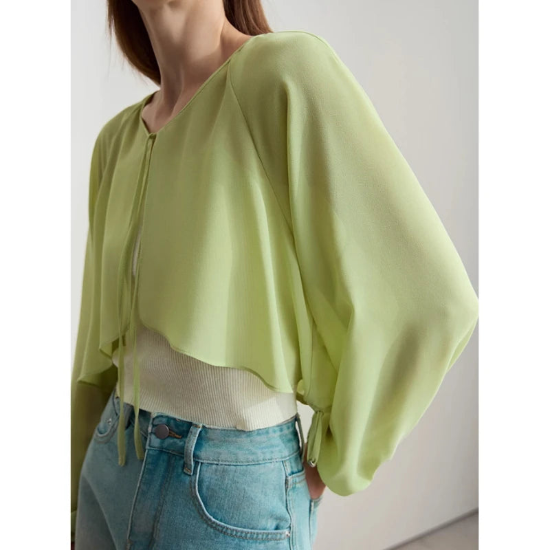Amii Women's Minimalist Blouse 2026 Summer New Commuting Versatile V-Neck Tops Short Raglan Sleeve Thin Chiffon Blouse 12542281