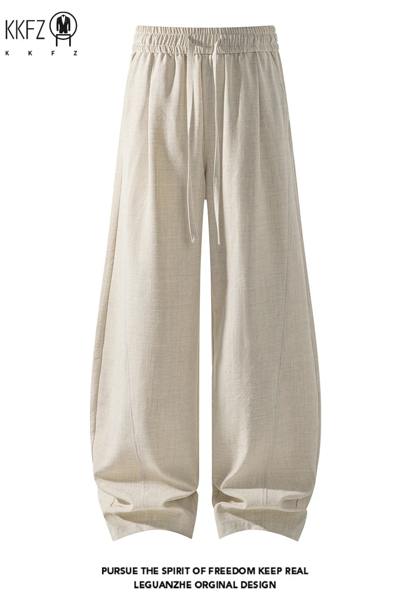 Youth Casual Floor Length Pants For Males Wide Leg Elastic Waist Light Textured Cloth Travel Friendly Long Bottom Wear