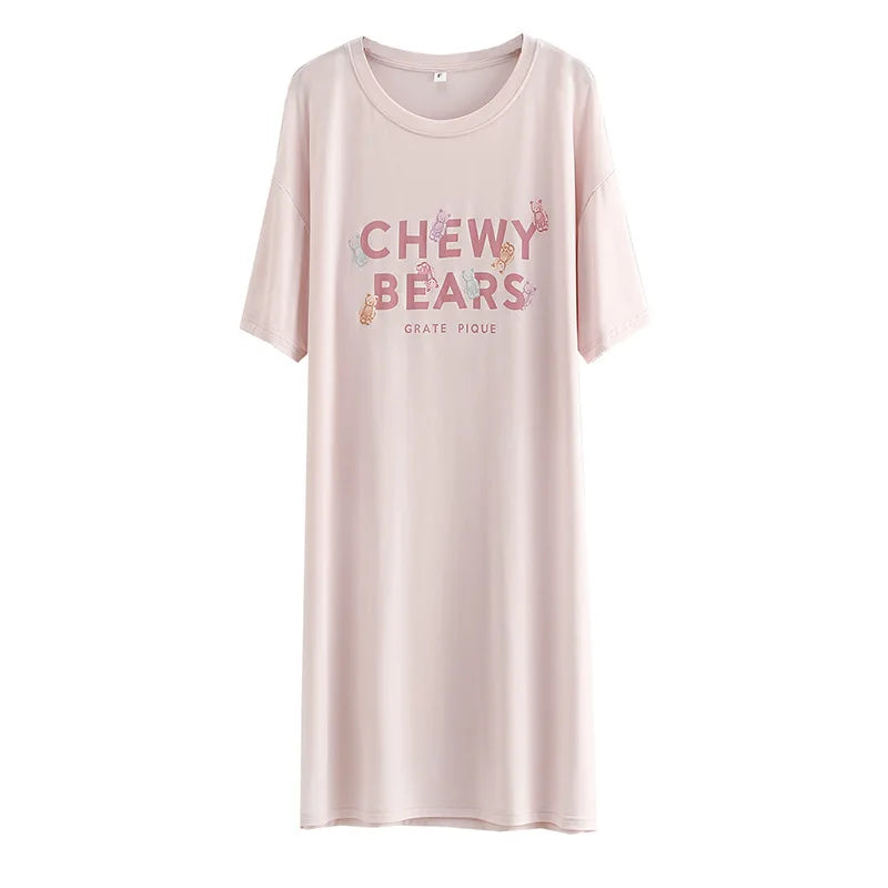 Modal Summer Women's Nightdress Short Sleeve Loose Soft Nightgown Round Neck Medium Long Home Dress Casual Night Wear Shirt